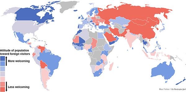 Mappa dei Paesi che gradiscono, o no, i turisti